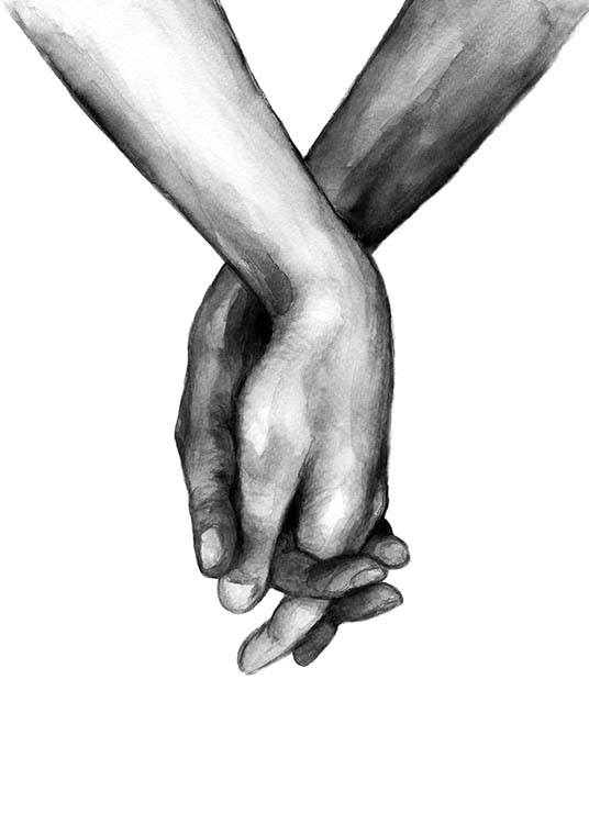 – Czarno-biała akwarela ilustracja z parą trzymających się rąk
