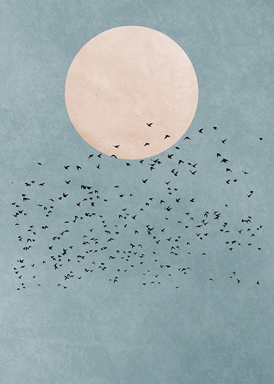  – Ilustracja graficzna różowego księżyca i błękitnego nieba ze stadem ptaków na pierwszym planie.