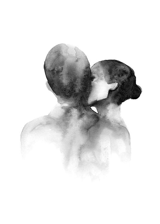  – Czarno-biała akwarelowa ilustracja kobiety całującej mężczyznę w policzek
