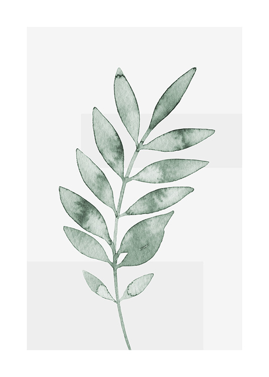  – Akwarela z małym, zielonym liściem na jasnoszarym tle