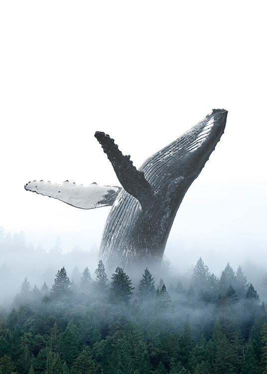  - Artystyczne zdjęcie przedstawiające wieloryba skaczącego do tyłu na tle zamglonego lasu