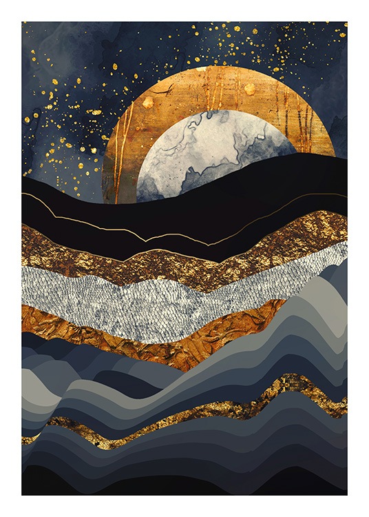  - Graficzna ilustracja przedstawiająca górski krajobraz w kolorze niebieskim ze złotym księżycem w tle
