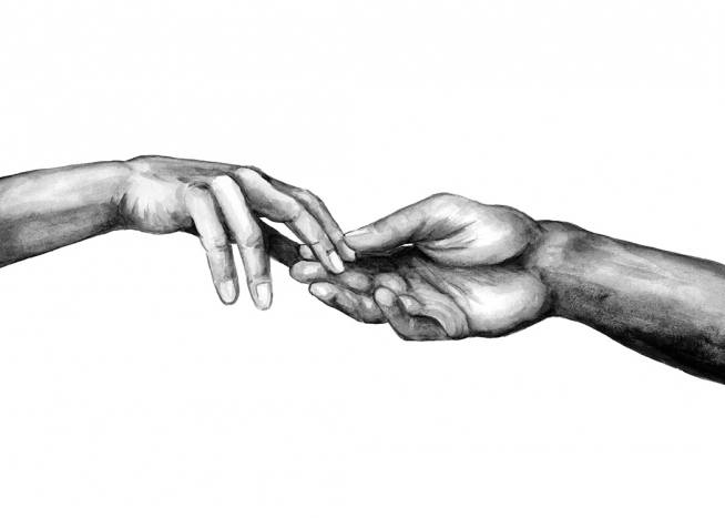 - Czarno-biała akwarela przedstawiająca dwie dłonie wyciągnięte ku sobie