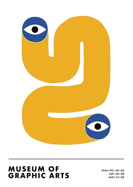  – Abstrakcyjna ilustracja graficzna z żółtym zawijasem z niebieskimi oczami na obu końcach