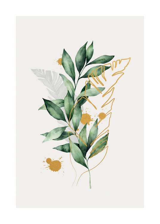 Golden Aquarelle Leaves No1 Plakat