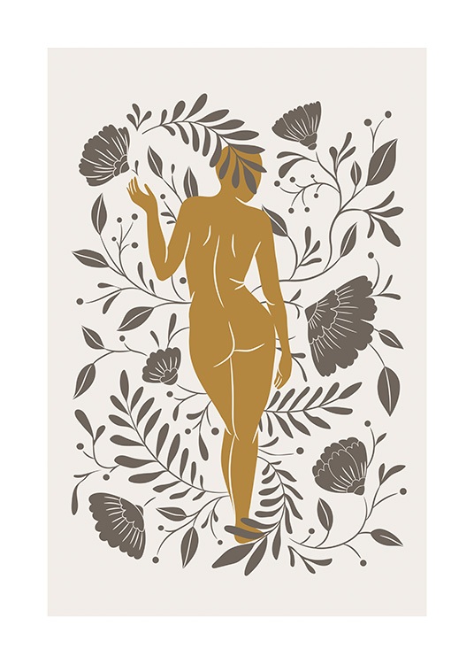 – Ilustracja graficzna z sylwetką nagiej kobiety w kolorze pomarańczowym, widzianej od tyłu, otoczonej brązowymi kwiatami i liśćmi