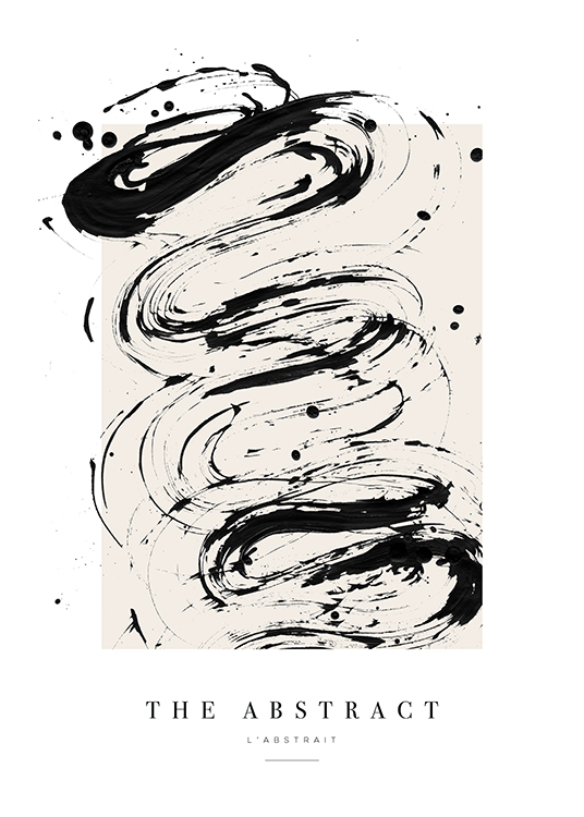  – Obraz z abstrakcyjnymi plamami farby w kolorze czarnym na beżowym tle z tekstem pod spodem