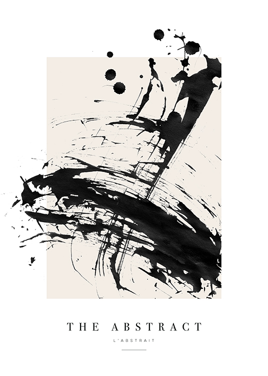  – Obraz abstrakcyjnymi czarnymi maźnięciami farbą na beżowym tle, z tekstem na dole