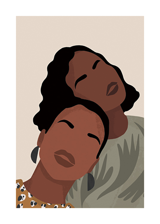  – Grafika z dwiema opartymi o siebie czarnowłosymi kobietami we wzorzystych bluzkach