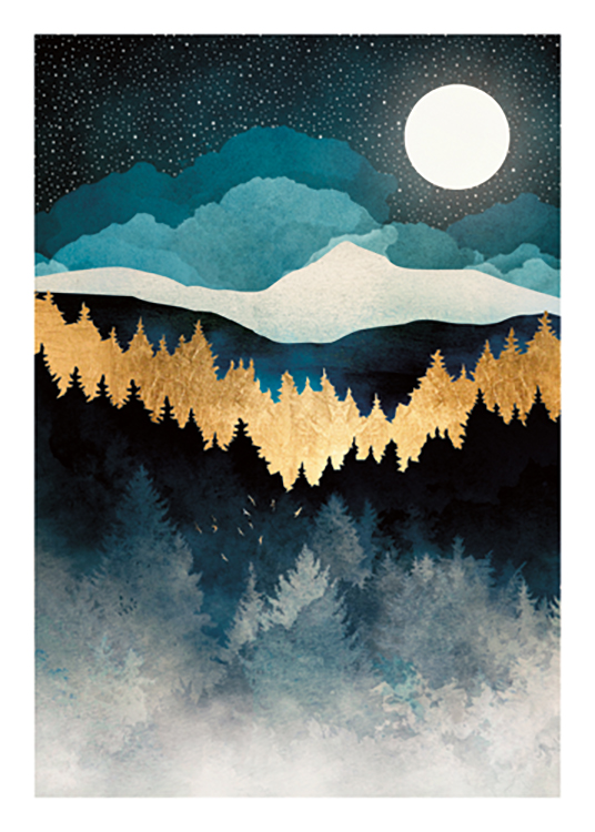  – Grafika z lasem w kolorystyce złoto-niebieskiej, z księżycem i gwiazdami w tle