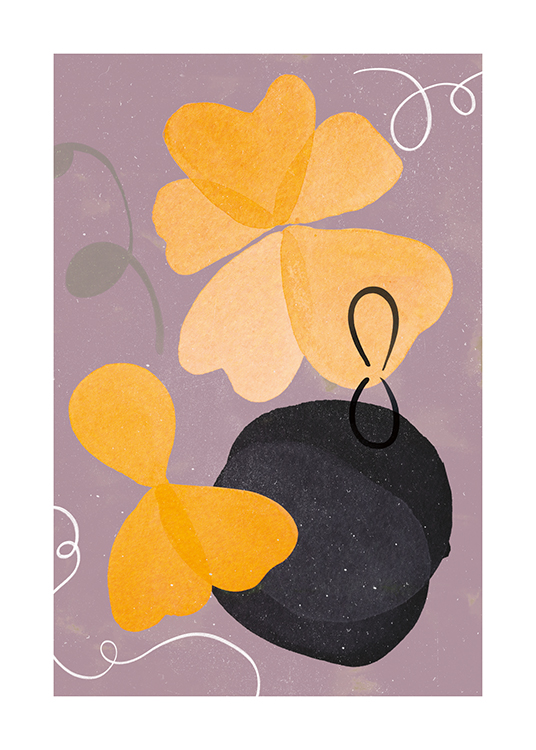 – Abstrakcyjna ilustracja z żółtymi i czarnymi kwiatami na fioletowym tle