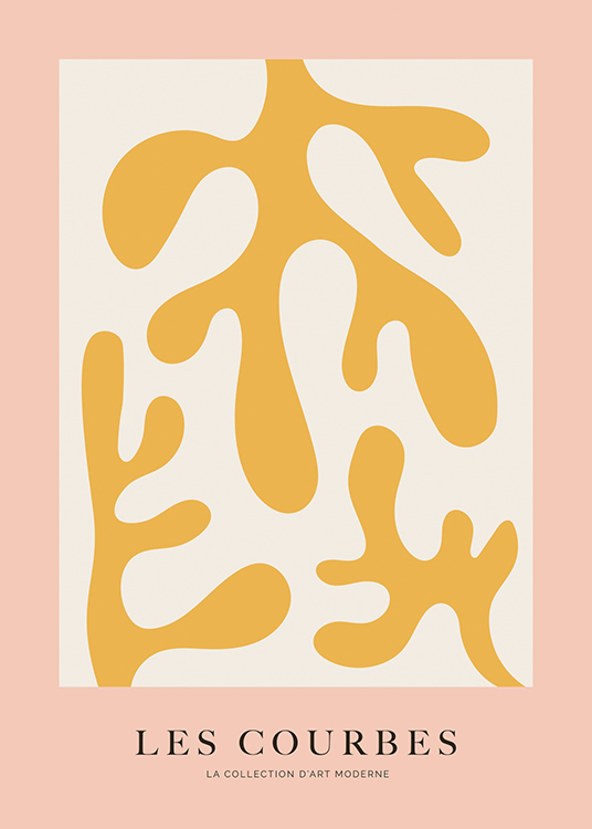  – Ilustracja graficzna z żółtymi, abstrakcyjnymi koralowcami na jasnoszarym i różowym tle