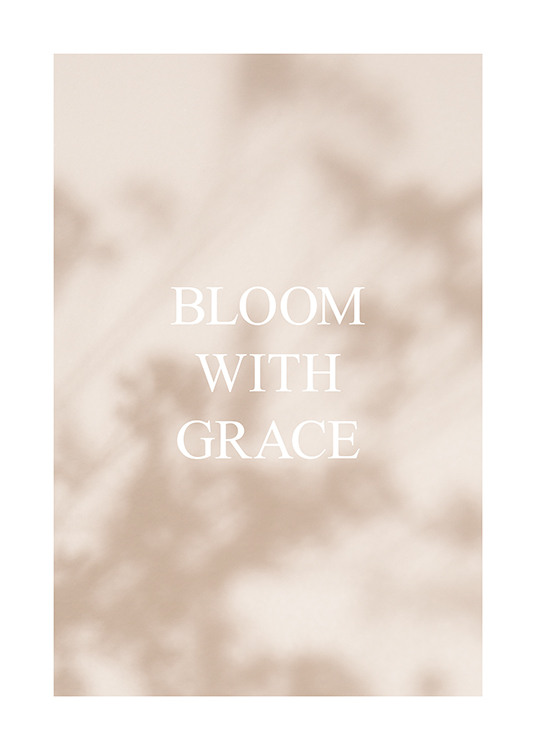  – Zdjęcie cieni kwiatów na jasnobeżowym tle, z białym tekstem