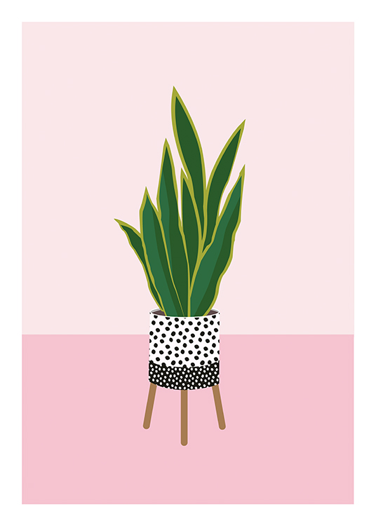  – Ilustracja z rośliną na różowym tle, w donicy w kropki z nóżkami