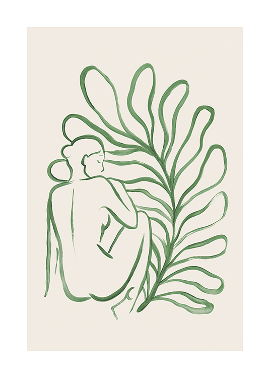  – Ilustracja z dużym liściem za nagą kobietą w kolorze zielonym na beżowym tle