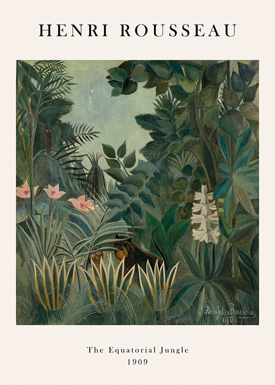  – Obraz z dżunglą z drzewami, kwiatami i zwierzętami