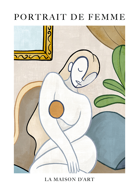  – Abstrakcyjna ilustracja z portretem nagiej kobiety w kolorach białym i beżowym