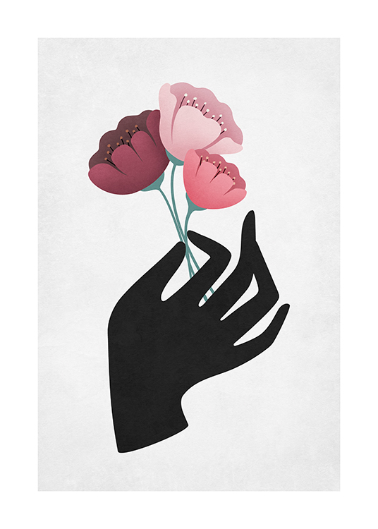  – Ilustracja przedstawiająca trzy różowe kwiaty trzymane w czarnej dłoni na jasnoszarym tle
