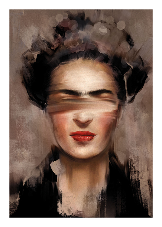  – Namalowany abstrakcyjny portret Fridy Kahlo z czerwonymi ustami na beżowo-brązowym tle
