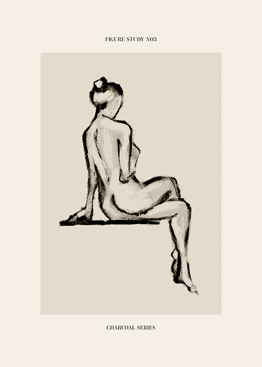 – Szkic węglem przedstawiający nagą kobietę ze skrzyżowanymi nogami, widzianą od tyłu, na beżowym tle