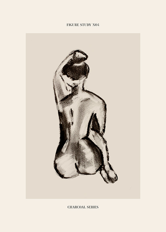  – Szkic węglem w szarym kolorze z nagą kobietą siedzącą z kolanami przy klatce piersiowej