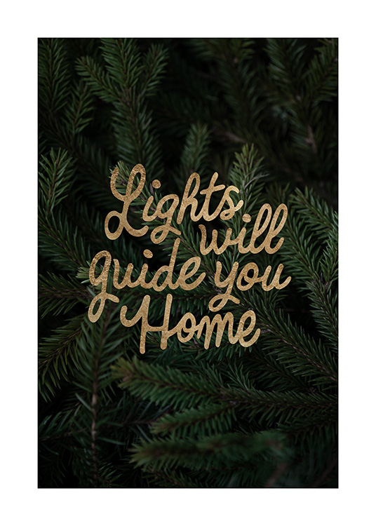  – Zdjęcie gałęzi choinki i złoty tekst „Lights will guide you Home”