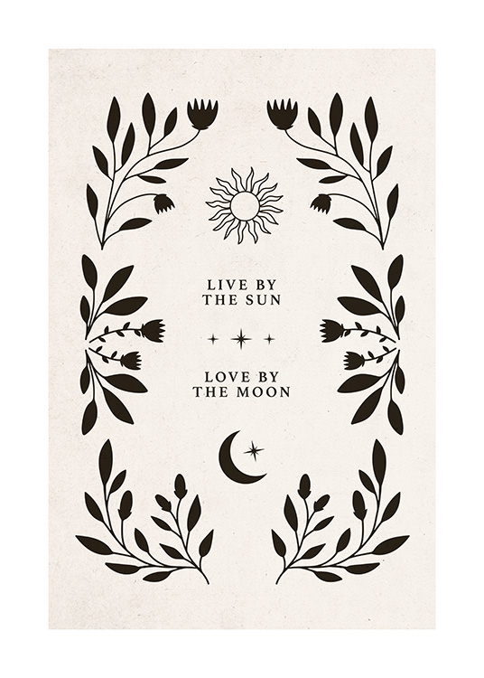  – ilustracja graficzna z tekstem, słońcem i księżycem otoczonymi ramką z czarnymi liśćmi i kwiatami