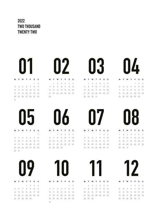  – Kalendarz na 2022 rok, z tekstem w kolorze czarnym na białym tle