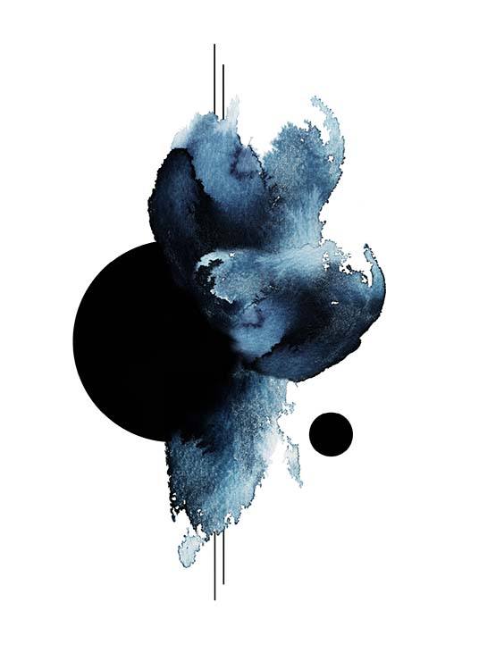  – Akwarela z abstrakcyjnymi kształtami w kolorach czarnym i niebieskim na białym tle