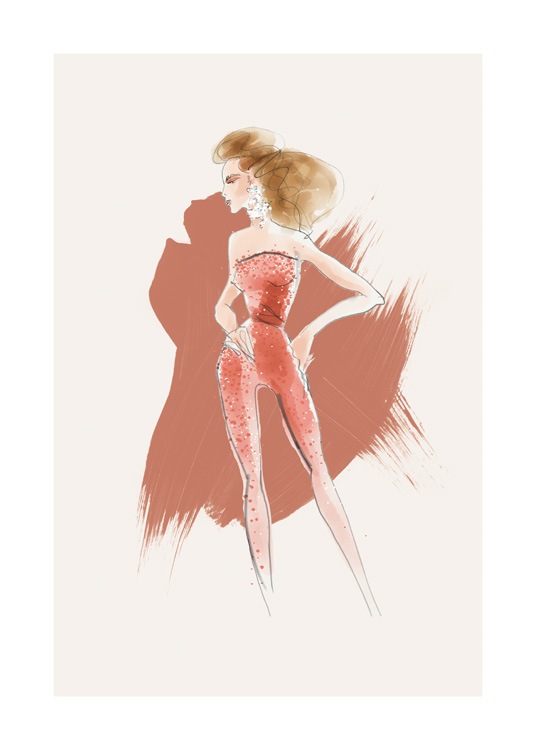  – Ilustracja z kobietą w kombinezonie w kolorze czerwonym ozdobionym perłami na beżowym tle z czerwonymi pociągnięciami pędzla