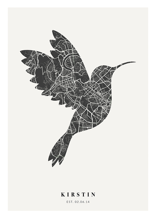  – Czarno-biała mapa miasta w kształcie ptaka z tekstem u dołu