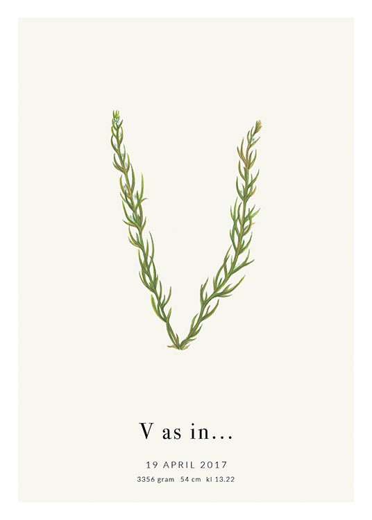  – Litera „V” ułożona z liści, z tekstem u dołu