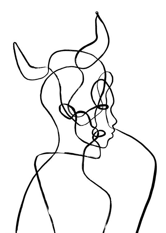  – Ilustracja z głową z rogami w stylu geometrycznym, zainspirowana znakiem zodiaku „Byk”